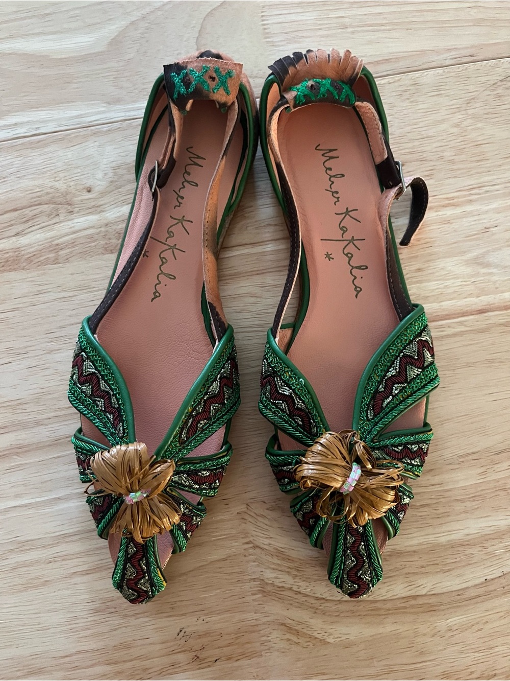 Melissa Kotzia Green Embellished Pointed Slingback Flats Sz 38 (7.5) New